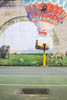 Basketball court with a big wallpainting of a hot air balloon
